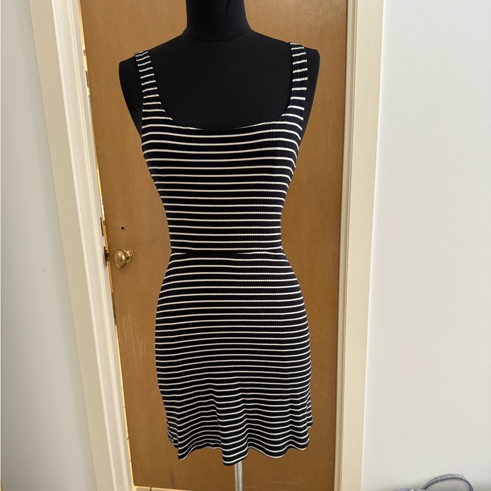 Reformation Black & White Striped Scoop Neck Mini Dress